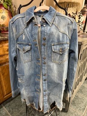 Free People Distressed Long Denim Jacket - Light Blue